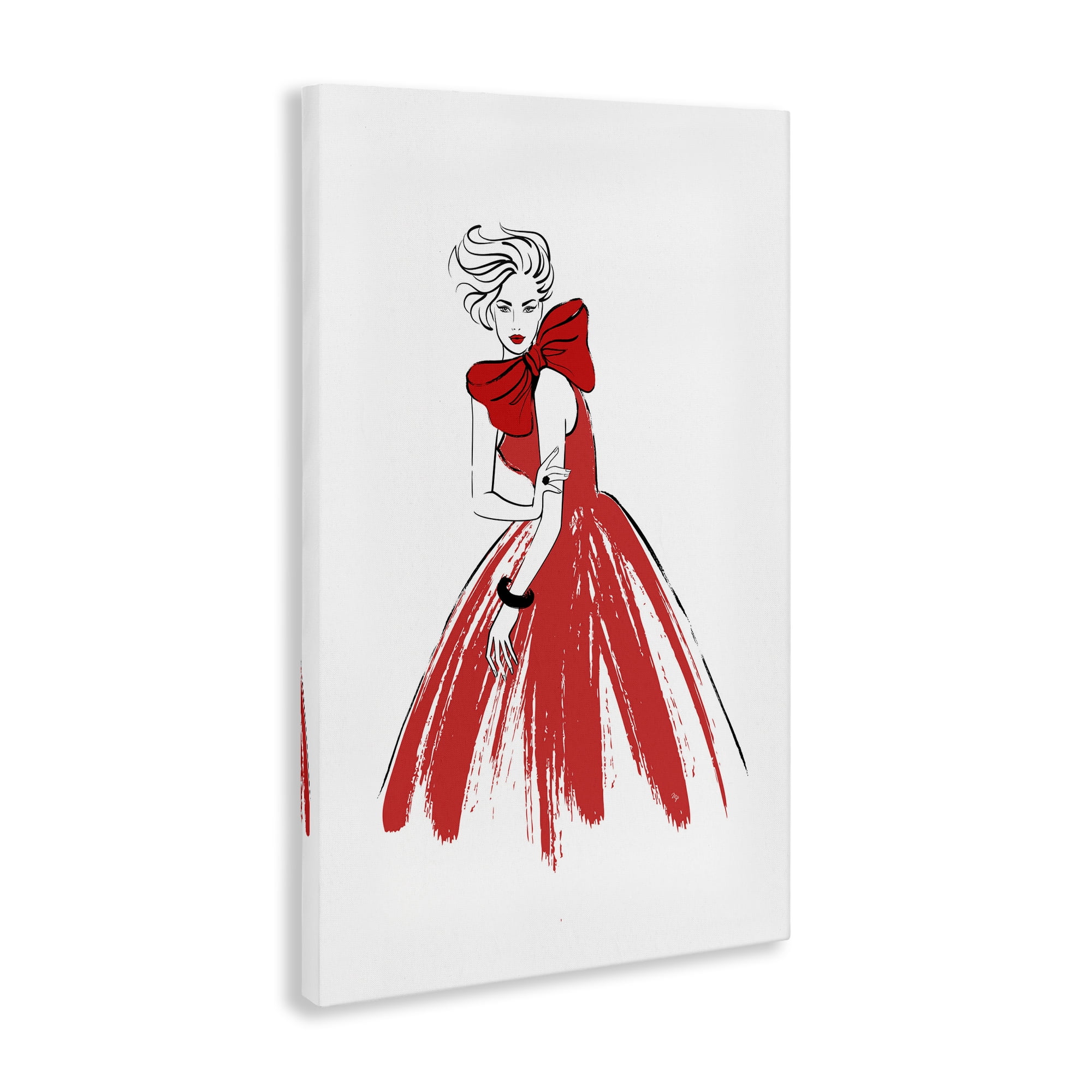 Stupell Industries Lady & Red Bow Dress Novelty Painting Gallery Wrapped Canvas Art Print Wall Art, 16 x 24