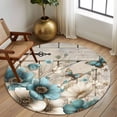 thumbnail image 2 of Round Area Rug 7 Ft, Teal Tulip Butterfly Washable Non-Slip Circle Carpet for Living Room/Bedroom, Beige Turquoise Floral Farmhouse Wooden Low-Profile Large Runner Mat Collection Rugs for Indoor, 2 of 8