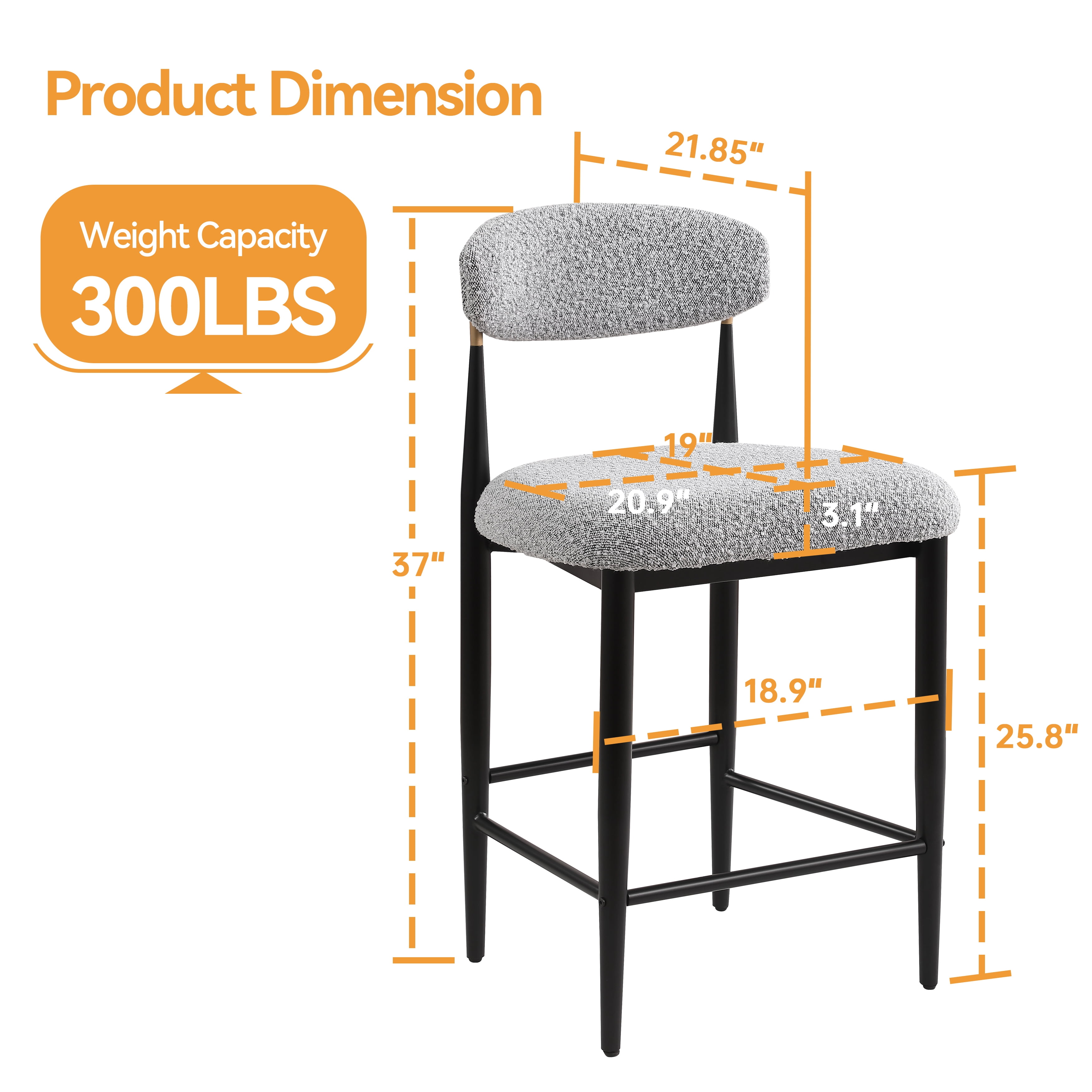Morden Fort Counter Height Bar Stools Set of 2, 26" Boucle Barstools with Backrest and Metal Legs, Island Chairs for Kitchen Island, Dining Room