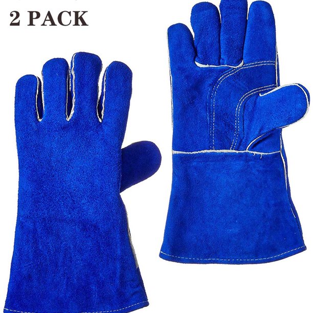 pares de guantes de soldadura, cuero de vaca doble, protector de mano resistente, resistente al calor extremo y al desgaste, para parrilla, chimenea, trabajo, jardín, horno y barbacoa, azul 14