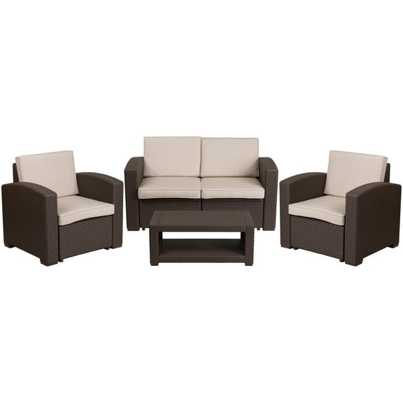 Flash Furniture Seneca 4 Piece Outdoor Faux Rattan Chair, Loveseat and Table Set in Seneca Chocolate Brown