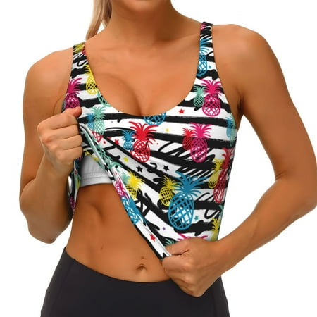 Qokaie Trendy Colorful Pineapples 1 Pattern Womens Scoop Neck Sports Bra Breathable Workout Vest Padded U Back Medium Impact Fitness Gym Yoga Bra Workout Crop Top