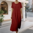 thumbnail image 2 of FRSASU Robe en Coton et Lin Femme à Manches Courtes Col Rond Robe Maxi Bohème Décontractée Été Modeste Longue Fluide Plage Vacances Robes Rouge m(m), 2 of 5
