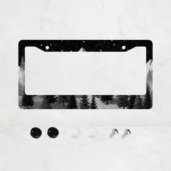 1pc Black 2-Hole License Plate Frame with Mountain Forest Pattern, Aluminum Material, 6x12 Inches, Includes Screw Set, Retro Car Decoration Gift, Suitable for American Standard License Plate Size