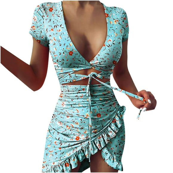 Leutsin Women Printing Asymmetrical Dress Short Basic Mini Club Dress Plus Size