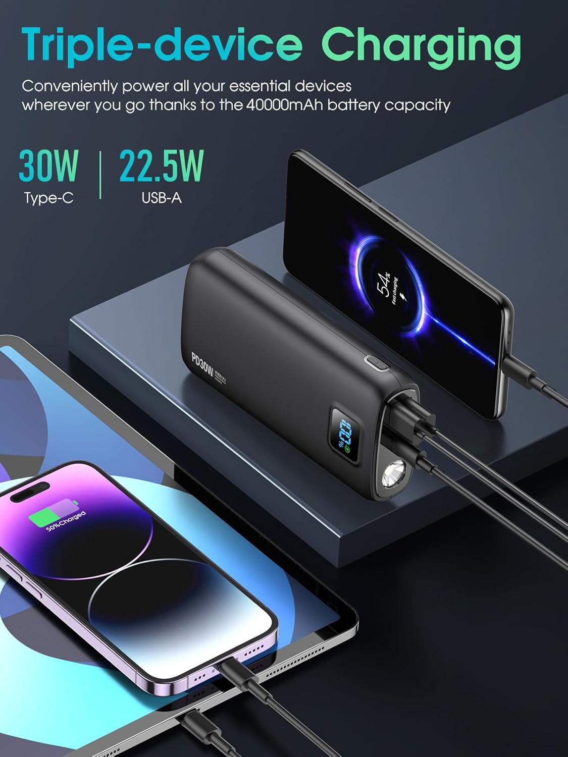 Gazsocy 40000mAh Power Bank with 30W PD Fast Charging & Flashlight photo 6