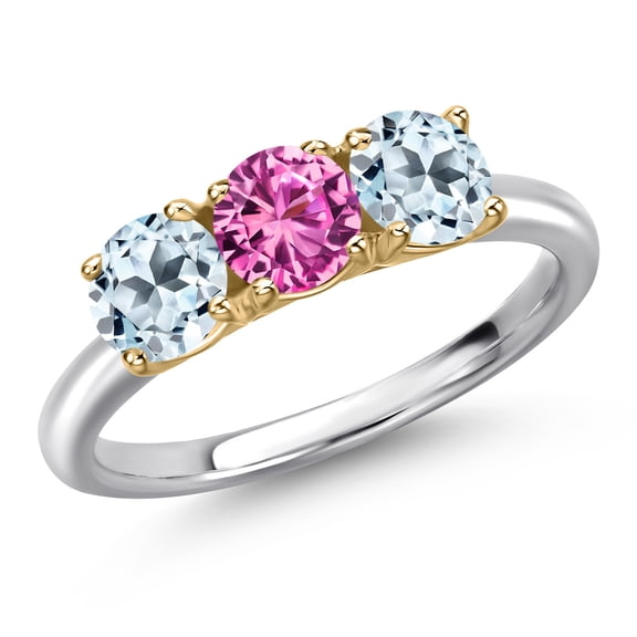 Gem Stone King 10K Two Tone Gold Pink Created Sapphire and Sky Blue Topaz Engagement Ring for Women | 1.95 Cttw | Round 5MM | Gemstone September Birthstone | Size 8