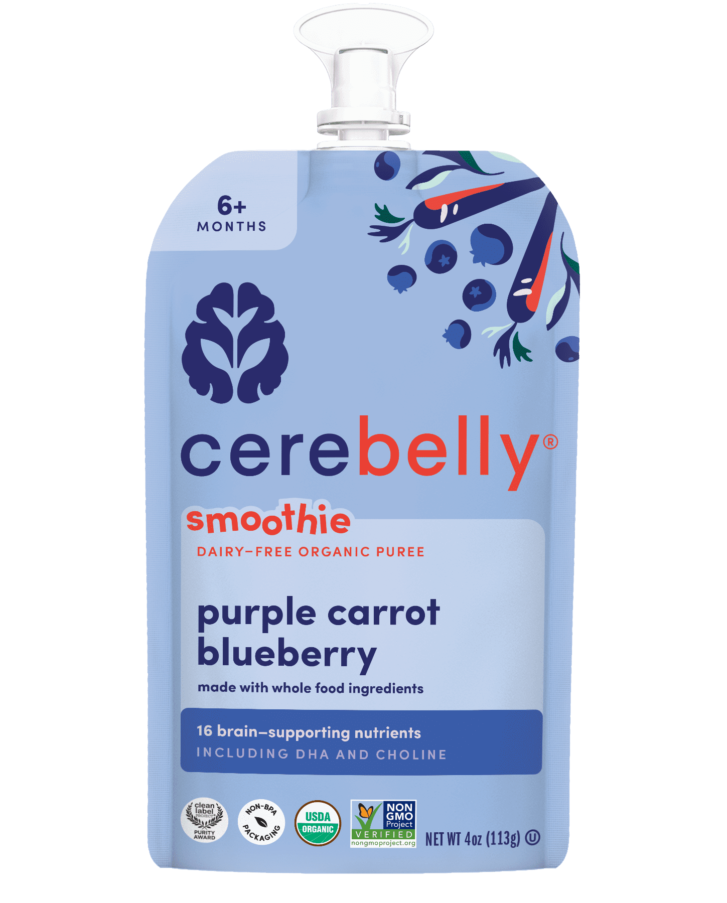 (3 pack) Cerebelly Organic Stage 2 Purple Carrot Blueberry Smoothie Baby Food, 4 oz Pouch