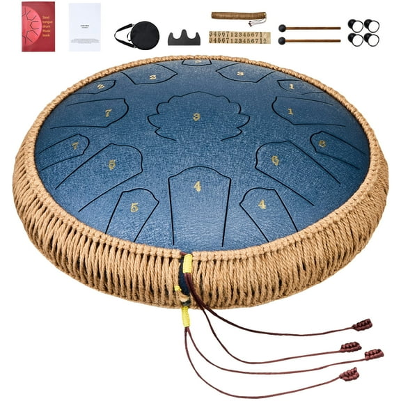 KFFKFF Steel Tongue Drum, 14-inch with 15 Notes, C Major Key, Percussion Instrument for Outdoor Use, Musical Learning, and Yoga, Includes Mallets and Carry Bag, Navy Blue