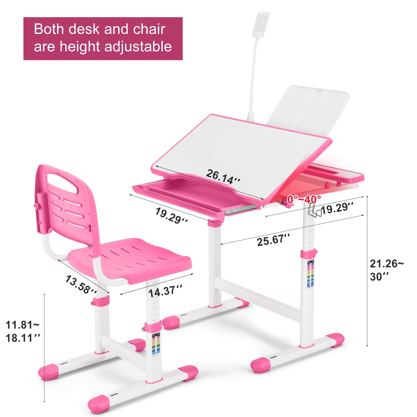 Artist Hand Kids Study Desk and Chair Set Height Adjustable Children Table Large Writing Board Desk with LED Lamp, Pull Out Drawer, Bookstand (Pink)