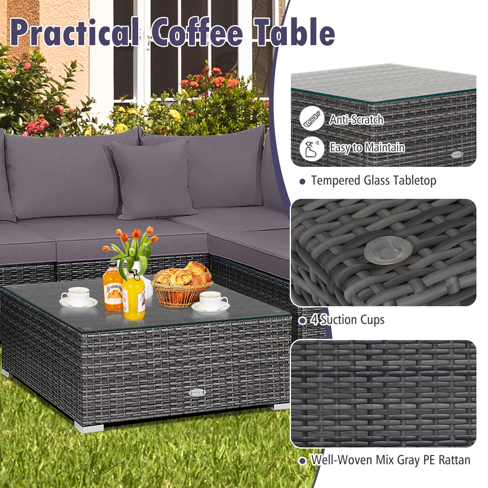 Gymax 7PCS Patio Rattan Sectional Sofa Set Outdoor Furniture Set w/ Grey Cushions