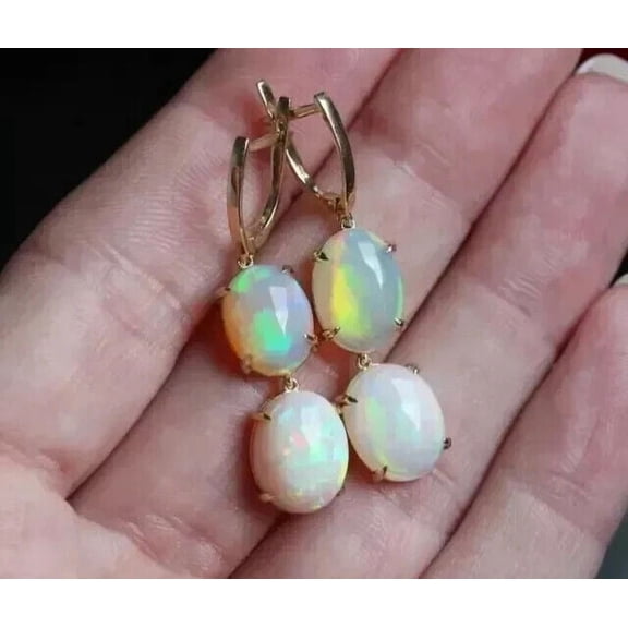 4Ct Oval Cut Lab-Created Fire Opal Two-Stone Drop Dangle Earrings For Women's 14K Yellow Gold Plated 925 Sterling Silver