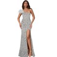 thumbnail image 1 of Vestido ajustado Nagfar con lentejuelas y un hombro con plumas, color beige, 1 of 6