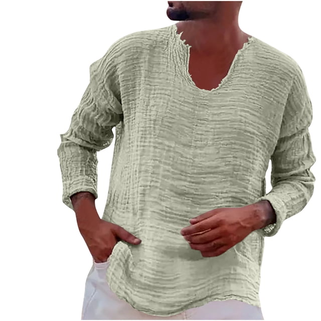 vdgthytj Fall Shirts for Men Big and Talls Casual Long Sleeve V Neck Tees Loose Solid Color Distressed T Shirts