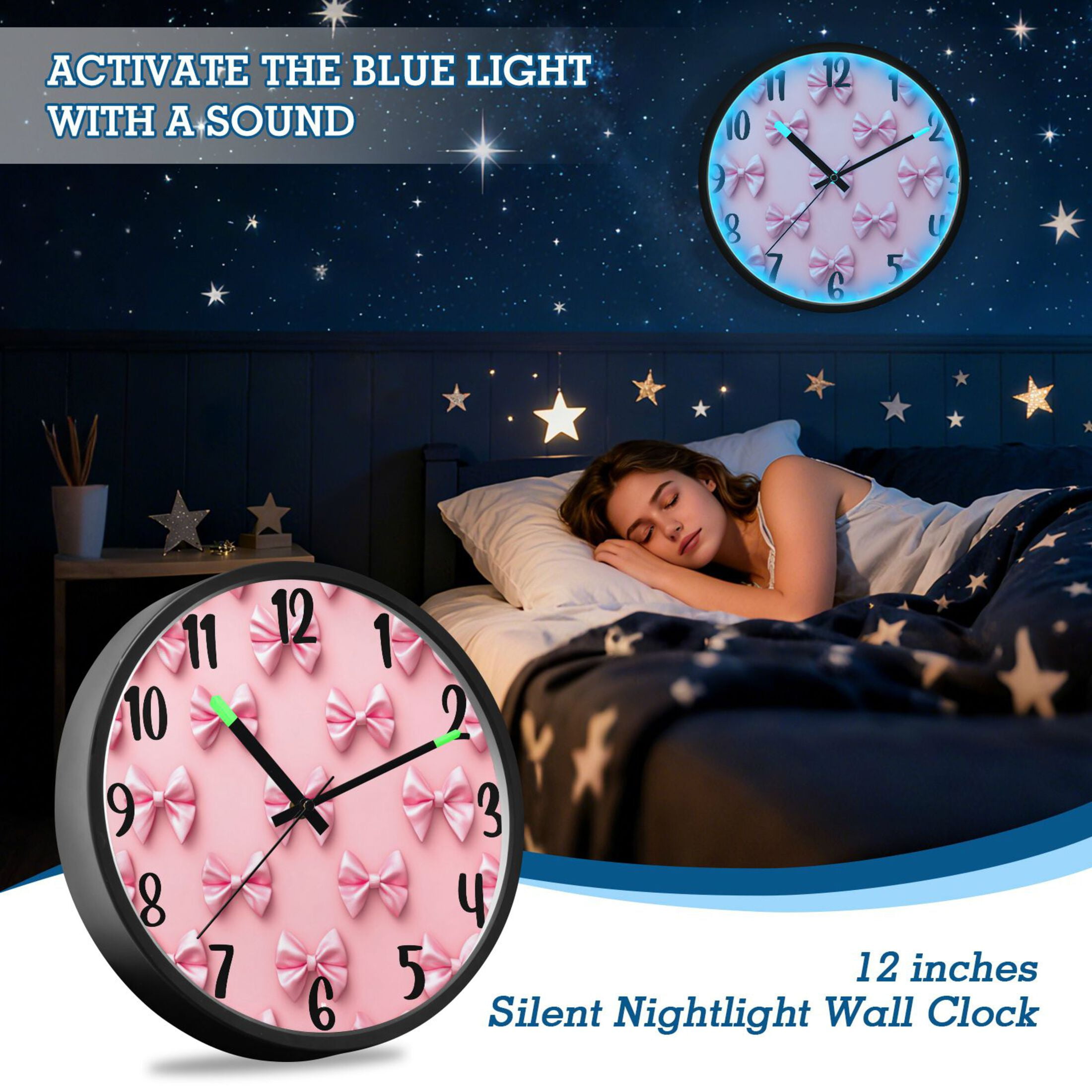 RMDQTR 12 Inch Sound-Activated LED Night Light Wall Clock Silent Sweep Movement Acrylic Face Battery-Operated for Bedroom/Living Room/School / Pink Simple Bows