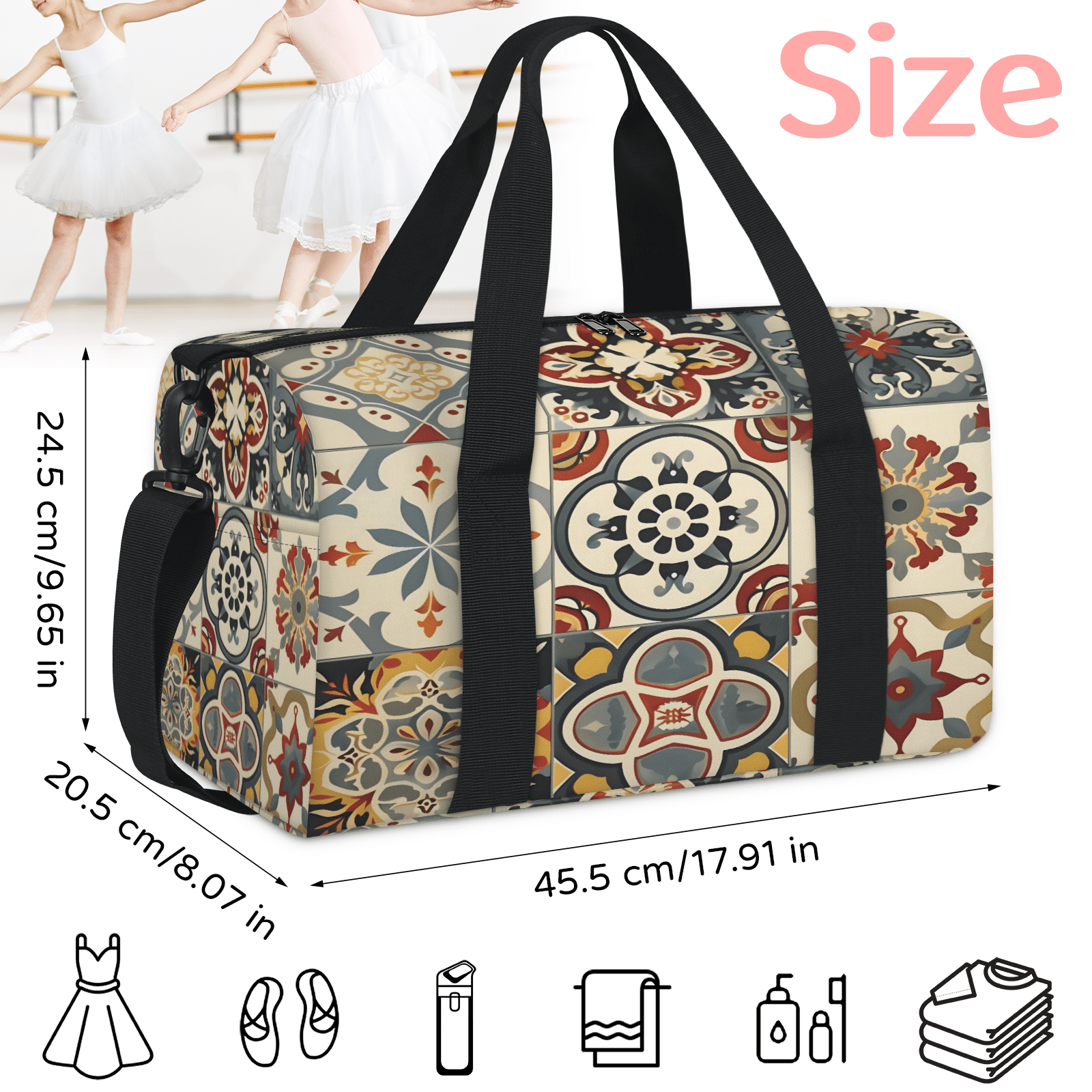 Herdesigns Mexican Tile Boho Mexico Gym Bag for Women, Duffle Bag for Travel Sport, Lightweight Waterproof Carry on Weekender Overnight Dance Yoga Workout Bags