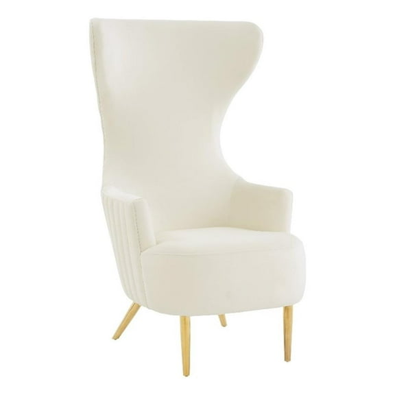 Pemberly Row Velvet Channel Tufted Wingback Chair in Cream Finish
