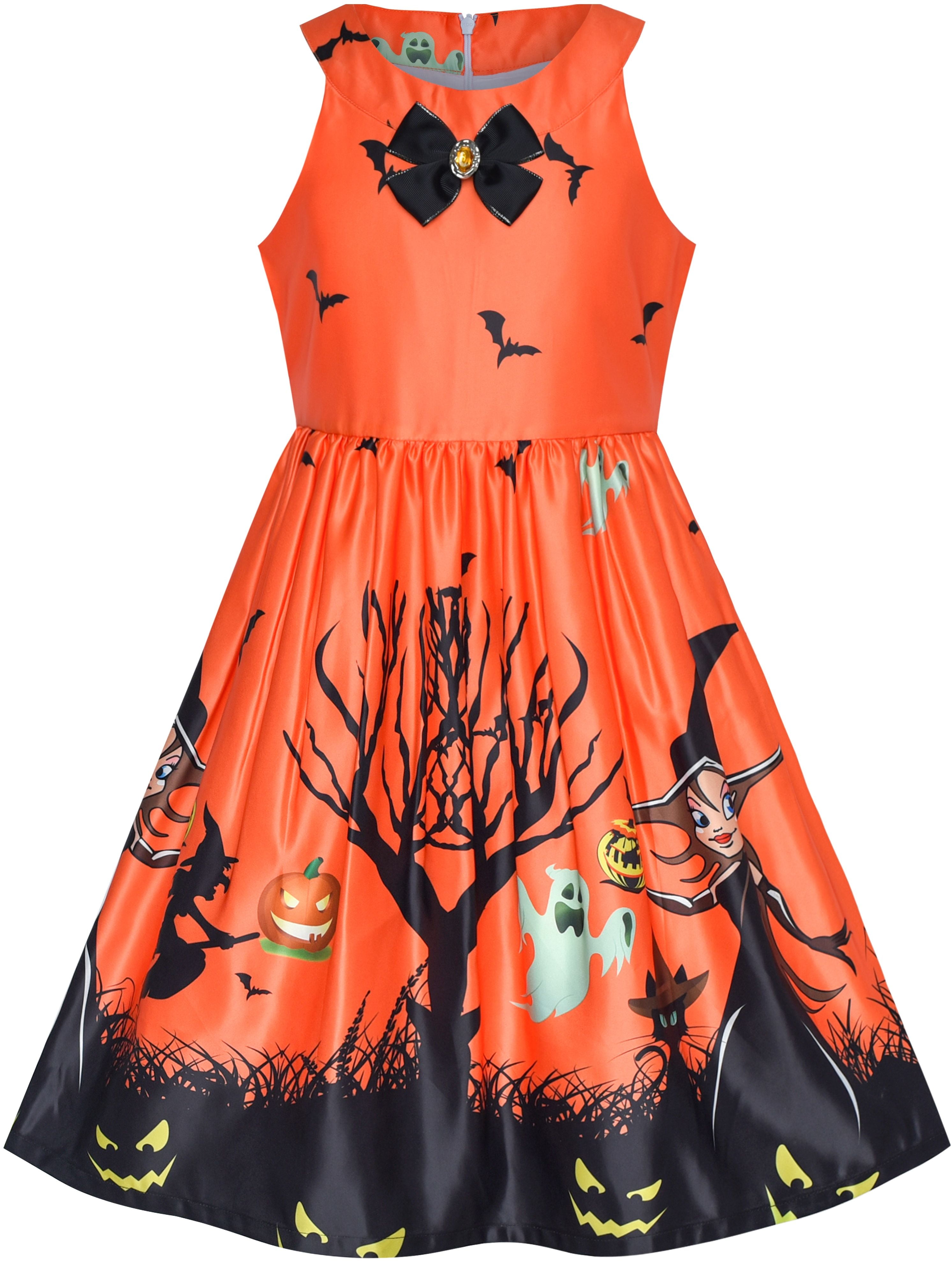 Girls Dress Orange Halloween Witch Bat Pumpkin Costume Halter Dress 8