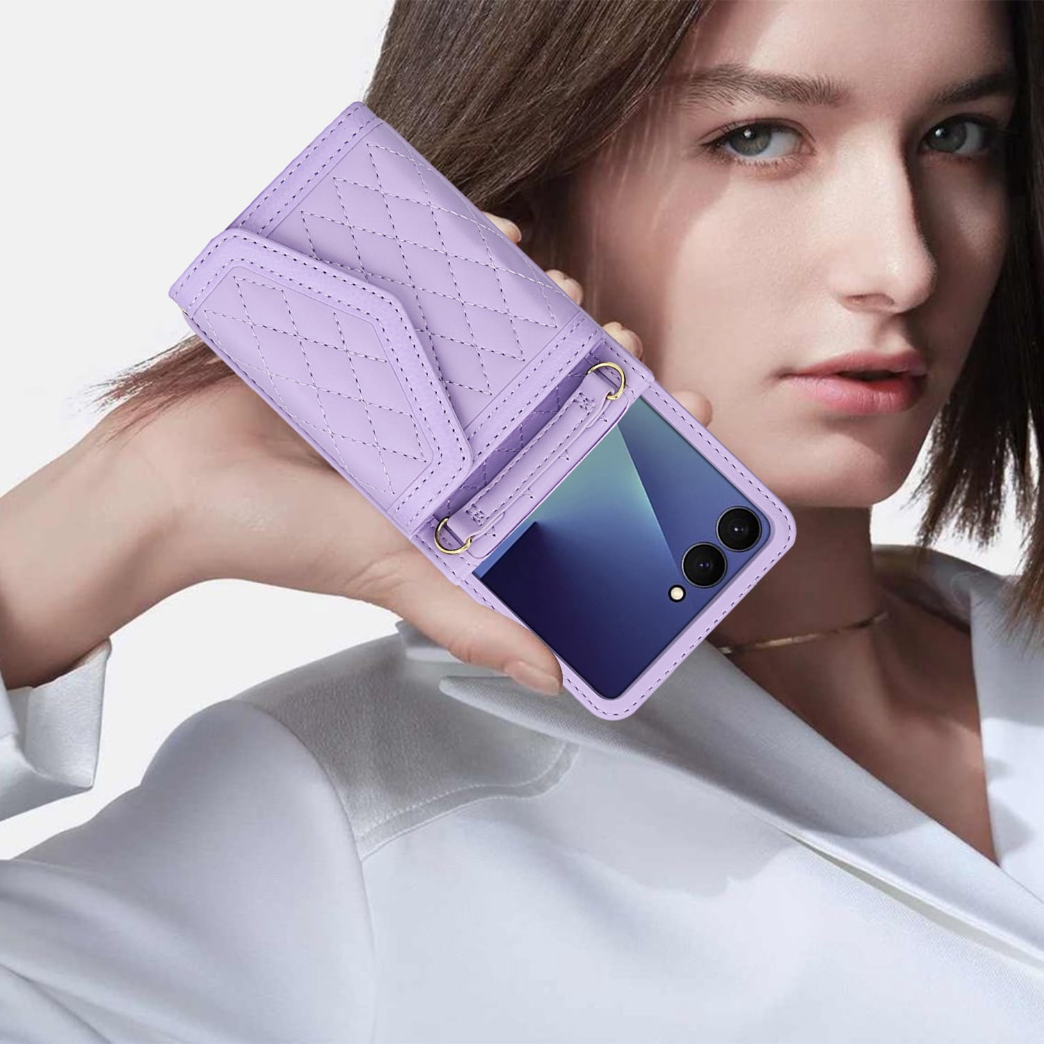 for Samsung Galaxy Z Flip 7 Elegant Case Wallet for Women, 4 Card Holder & Shoulder Strap & Wristlet Flip PU Leather Phone Case with RFID Blocking for Samsung Galaxy Z Flip 7, Lightpurple