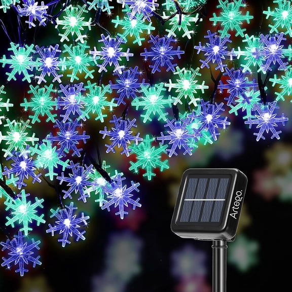 Luces de navidad solares 100 led esferas bola cristal copo de nieve snowflake style Artego  8 modos de uso para exteriores Guirnalda de luces Copo de Nieve Azul Verde