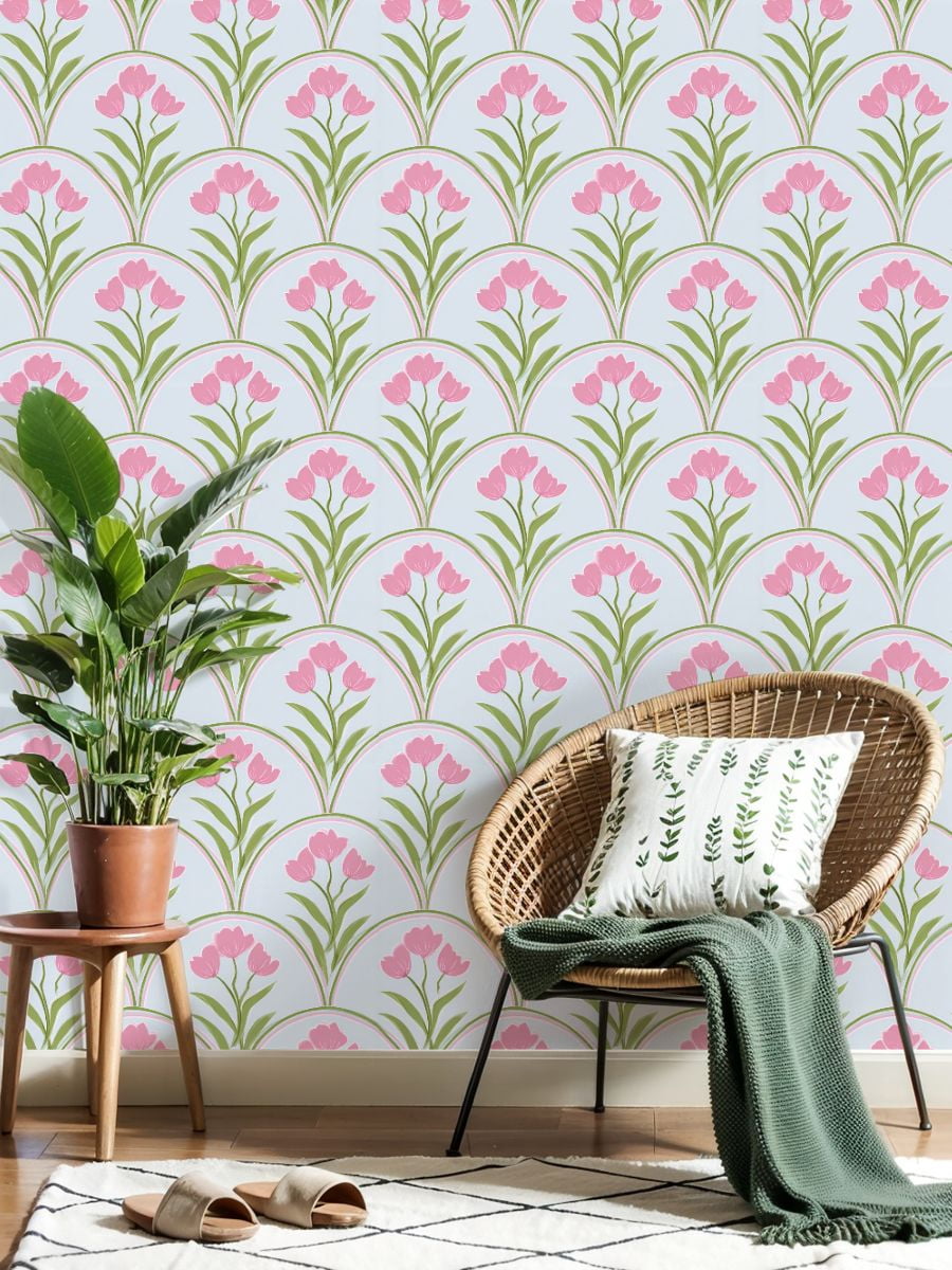Peel and Stick Wallpaper Pink Tulip Floral Green Leaves Arched Design Light Blue Wall Mural 17.7in x 9.8ft Self Adhesive Removable Wall Paper Renter Friendly Wallpaper for Nursery Bedroom Cabinets