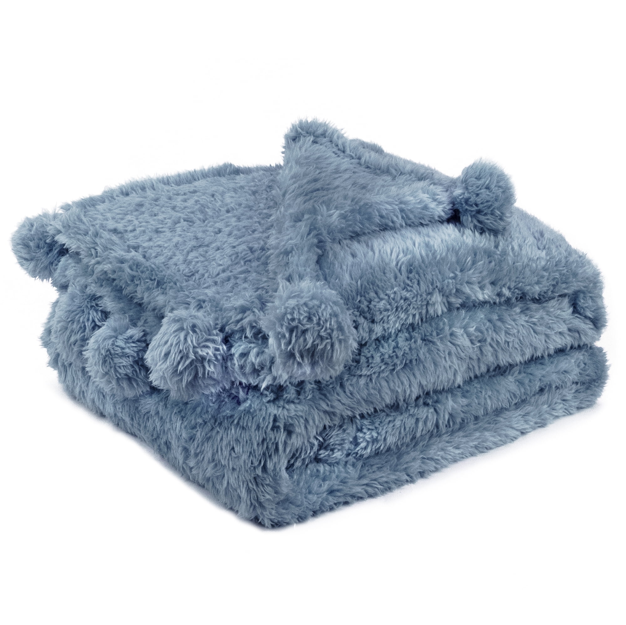 PAVILIA Dusty Blue Sherpa Throw Blanket with Soft Pom Pom Fringe, Plush ...
