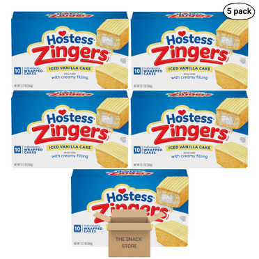 The Snack Store Bundle Hostess Zingers Iced Vanilla Cake, 12.7 oz, 5 Boxes of 10 Count, 50 Total Zingers!