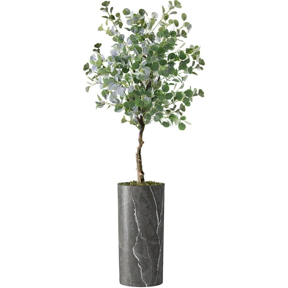 Artificial Tree in Modern Granite Effect Planter, Fake Eucalyptus Silk Tree for Indoor and Outdoor Home Decoration - 66" Overall Tall (Plant Pot Plus Tree)