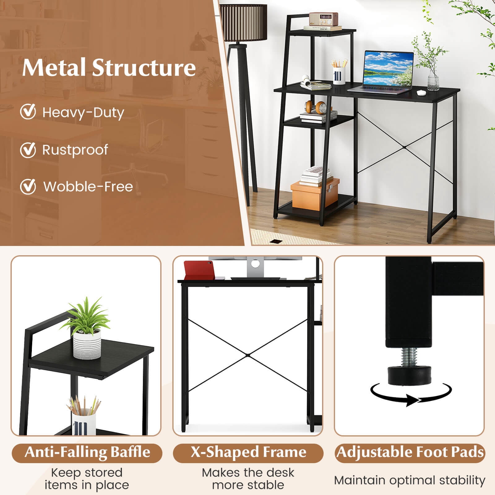 Costway Home Office Desk, PC Laptop Workstation with Bookshelf, Host Stand, Metal Frame Black