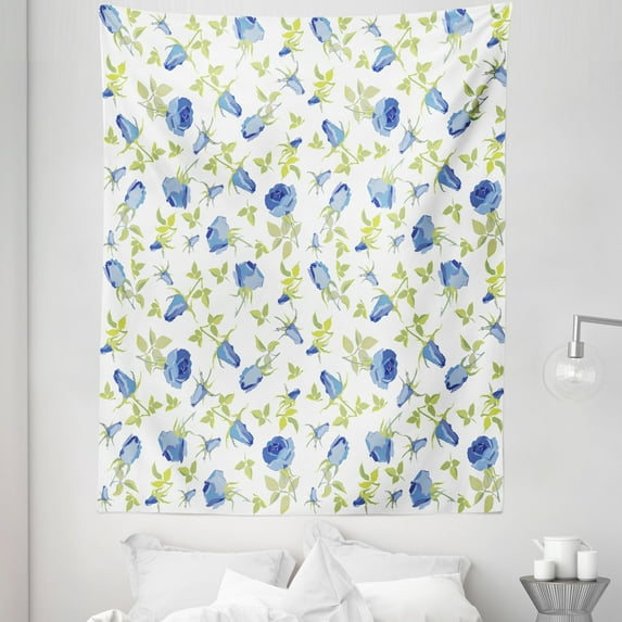 Green Flower Tapestry, Floral Pattern Abstract Rose Design Romance Valentines Day Inspired, Fabric Wall Hanging Decor for Bedroom Living Room Dorm, 5 Sizes, Blue Pale Green White, by Ambesonne