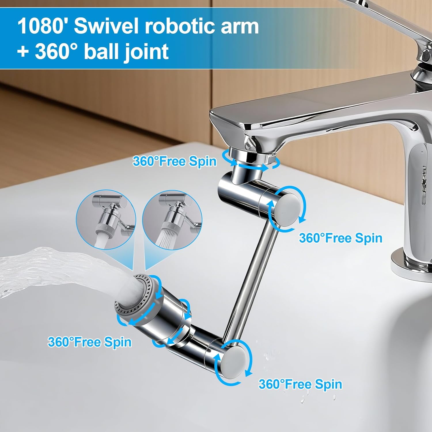 TIDYENDURE 1080° Rotating Faucet Extender, Swivel Faucets Aerator Extension, Faucets Adapter for Kitchen & Bathroom Sinks Features 2 Water Flow Modes Faucet with Built-in Filter Function