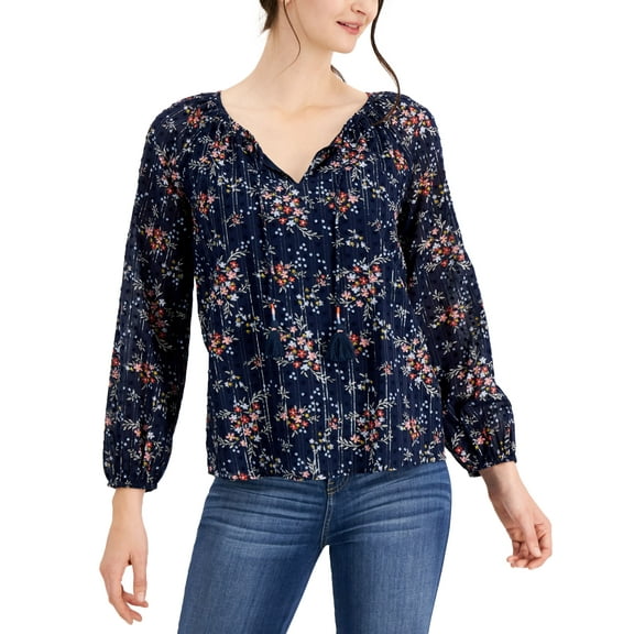 Style & Co Printed Embroidered Peasant Top Industrial Blue XL