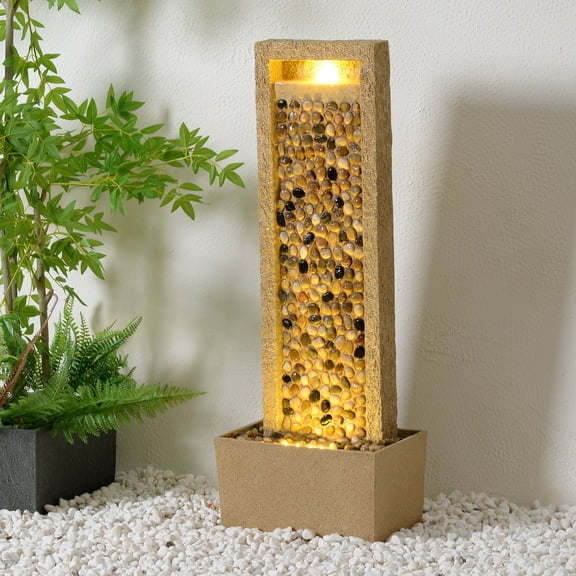 Teamson Home River Rocks Outdoor Water Fountain–Warm Glow Lighting with Steady Flow & Electric Pump, Brown