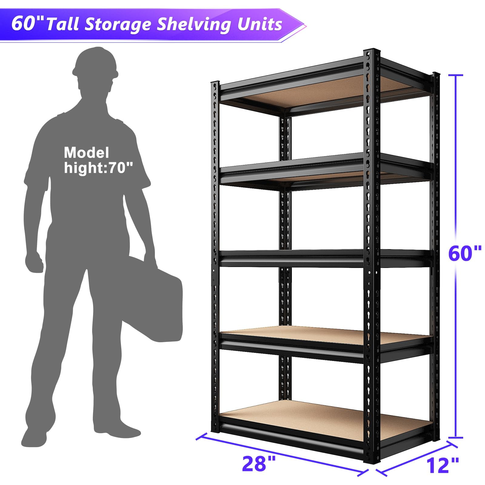 REIBII Storage Shelves Unit 5 Tier Adjustable Metal Shelving for Garage,12"D x 28"W x 60"H