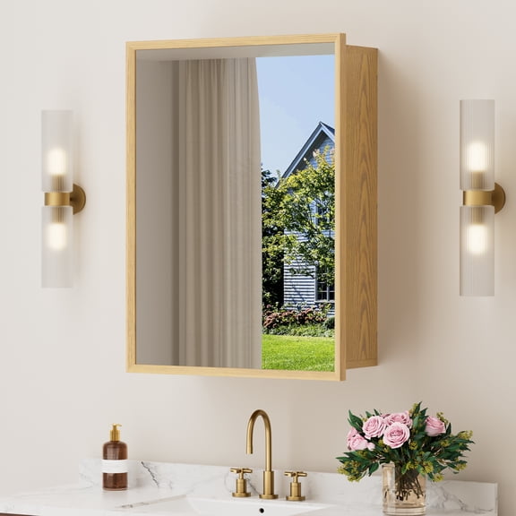 20"x28" Oak Wood Framed Bathroom Wall Cabinet with Mirror and Adjustable Shelves, Wall Mounted Storage Cabinet with Mirror for Bathroom