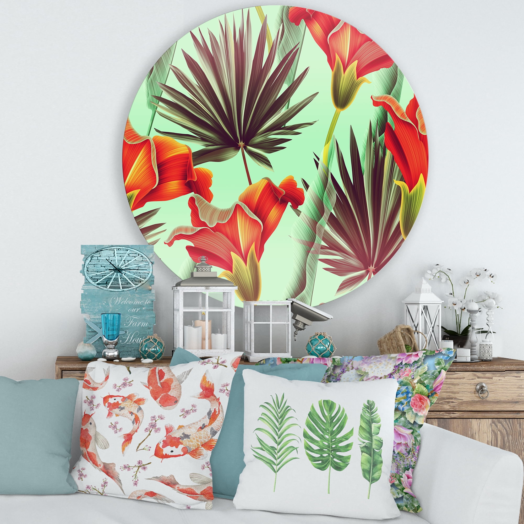 Designart 'VIntage Tropical Flowers VII' Traditional Circle Metal Wall Art 29x29 - Disc of 29