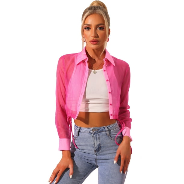 Blusa delantera con botones para mujer, dobladillo con lazo, cuello en punto, malla, camisa de manga larga transparente, top Rosa Caliente M