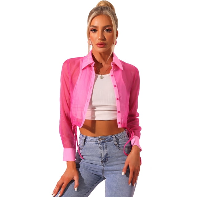 Blusa delantera con botones para mujer, dobladillo con lazo, cuello en punto, malla, camisa de manga larga transparente, top Rosa Caliente M
