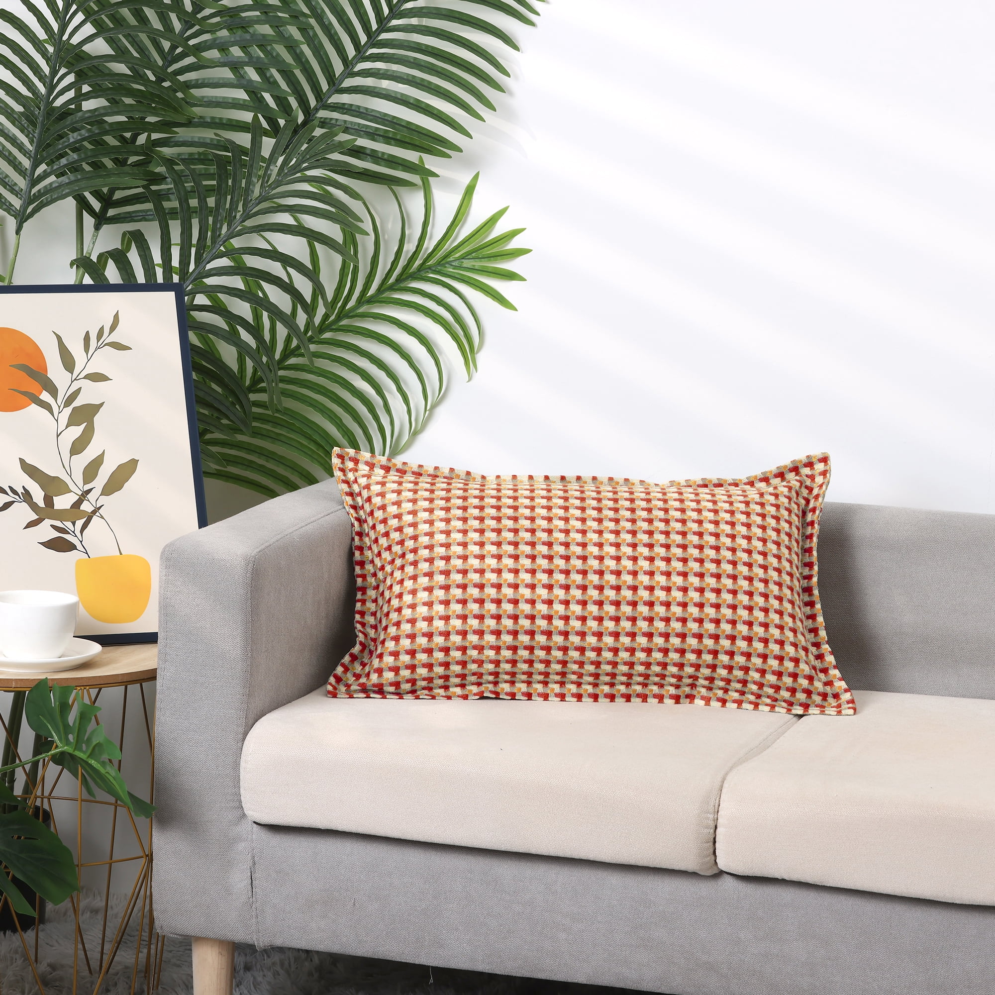 Unique Bargains Plaid Throw Pillow Covers Decorative Pillow Cases Square Cushion Covers Orange Grid 12" x 20"