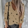 Pcmos Women's Plus Size V-neck Star Graphic Blouse Tops Print Tee Long Sleeve T-shirt Khaki 4XL