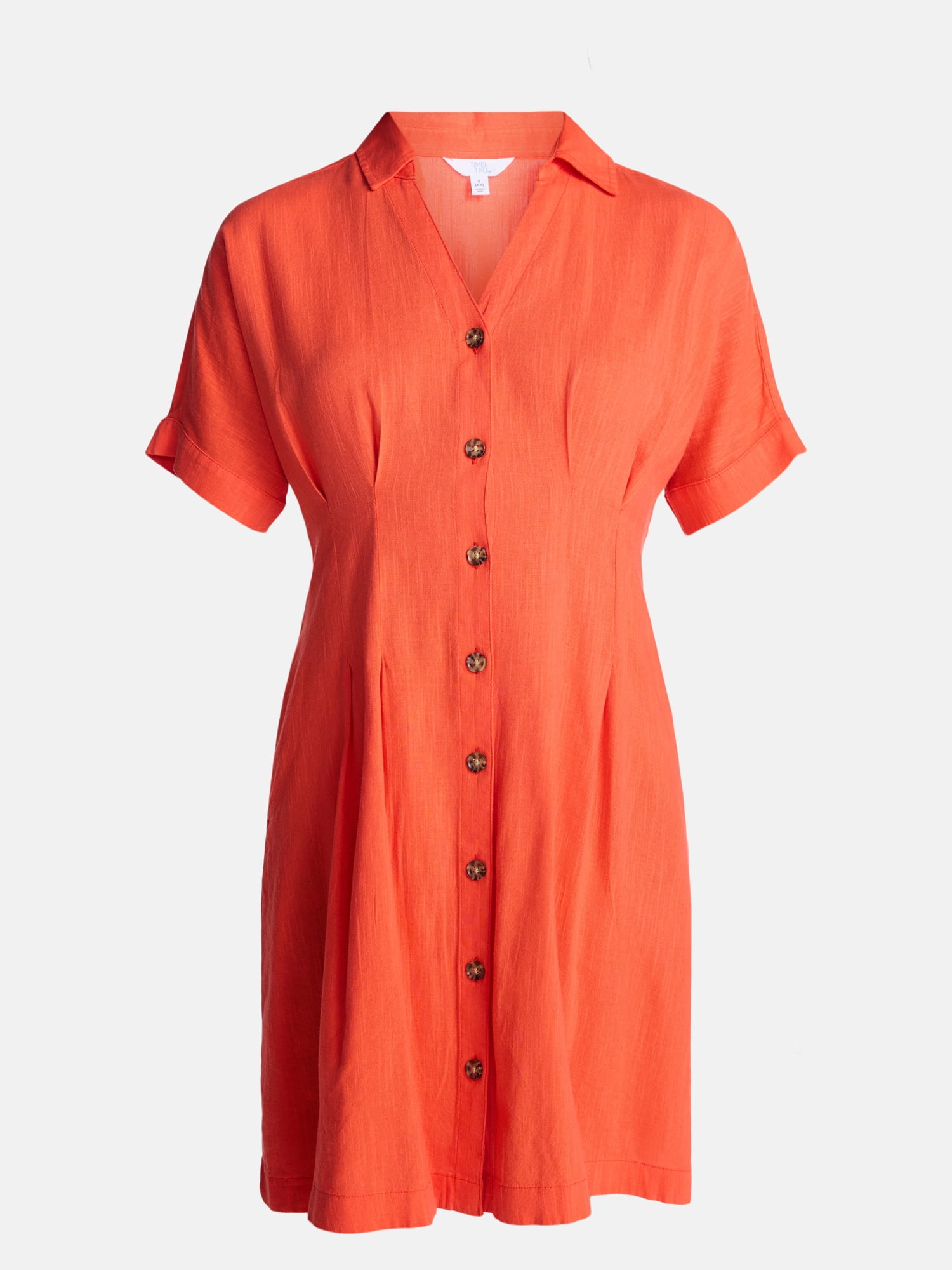 Time and Tru Women's Linen Pleated Waist Fit And Flare Mini Shirt Dress, Sizes XS-XXXL