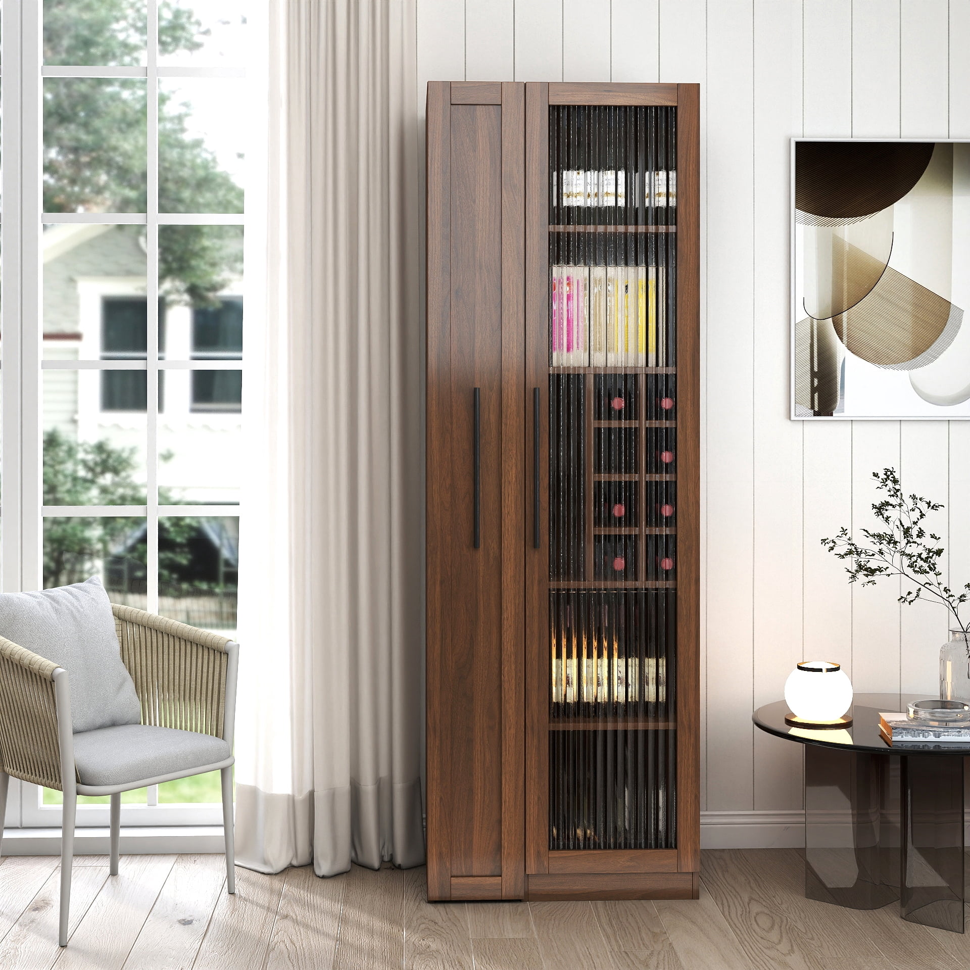 Mintazer 67.2" Tall Pull-Out Storage Pantry Cabinet with Glass Doors & Shelves, Farmhouse Storage Cabinet for Kitchen Bar Dining Room, Brown