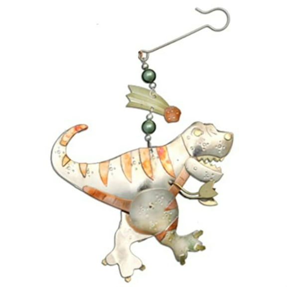 T-Rex with Meteor Metal Christmas Tree Ornament 4 Inch Fair Trade Multicolor