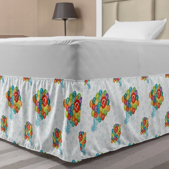 Alphabet Bed Skirt, Print of a Group of Balloons Tied Floating in the Sky of Bubbles, Elastic Bedskirt Dust Ruffle Wrap Around for Bedding Decor, 4 Sizes, Baby Blue and Multicolor, by Ambesonne
