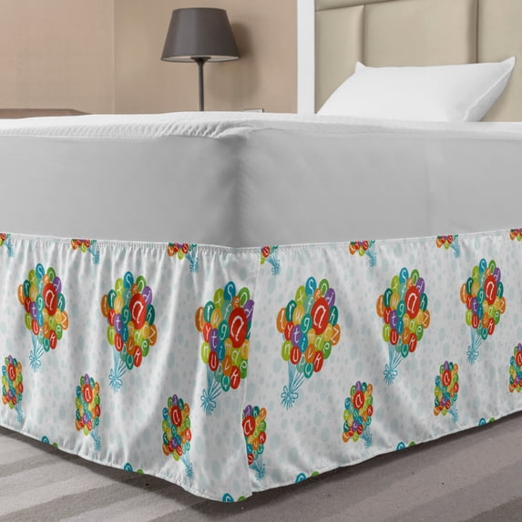 Alphabet Bed Skirt, Print of a Group of Balloons Tied Floating in the Sky of Bubbles, Elastic Bedskirt Dust Ruffle Wrap Around for Bedding Decor, 4 Sizes, Baby Blue and Multicolor, by Ambesonne