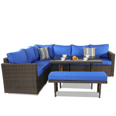 Patio Furniture Sets 5pcs Brown Pe Rattan Sofa Set With Royal Blue Cushion Garden Dining Seating Couch Sectional Bench Conversation Sofas