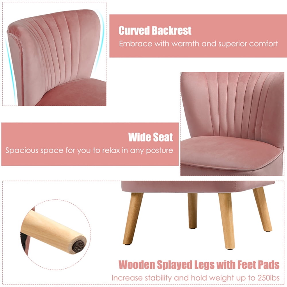 Finihen Velvet Accent Chair, Modern Armless Velvet Accent Chair with Wood Legs, Thickly Padded, Armless Wingback Club Chairs for Living Room, Bedroom, Pink