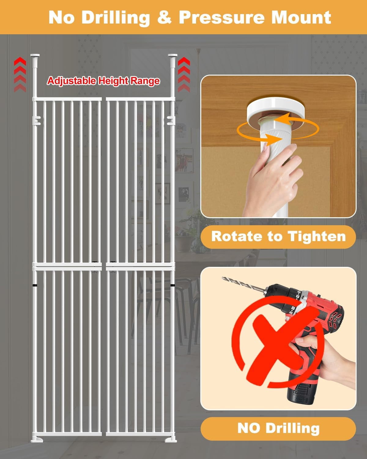 Lilypelle Extra Tall Cat Pet Gate, Adjustable 36.61"-39.37" Width 74.8-96.5 Inch Height, No Drilling Pressure Mounted, Walk Through Swing Safety Double Door Gate for Doorways, Stairs, Kitchen, House