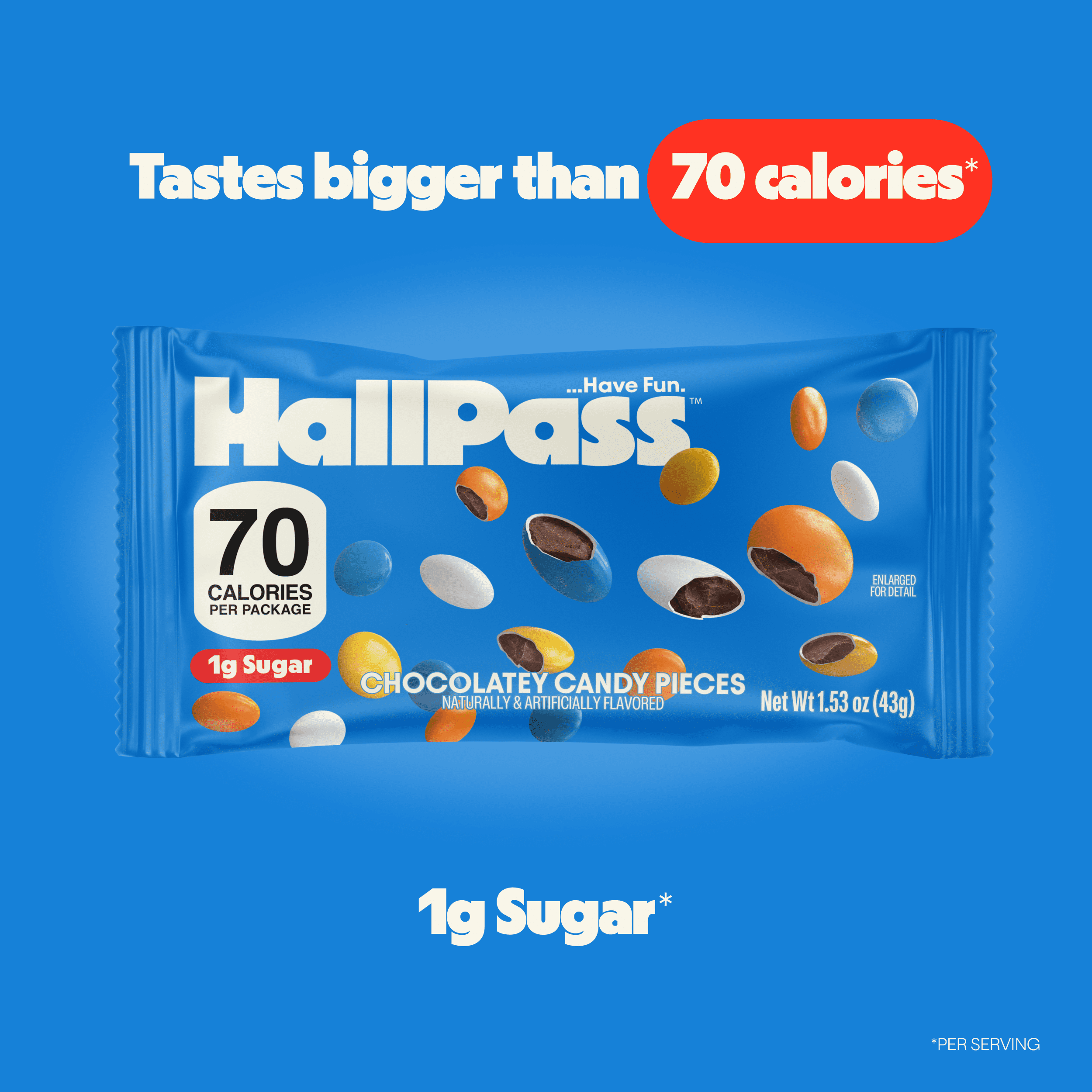 HallPass Chocolatey Candy Pieces Pack, 1.5 oz – Bite-Sized Chocolatey Candy, 70 Calories and 1g Sugar per Serving