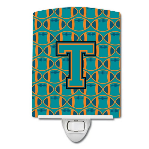 Letter T Football Aqua, Orange and Marine Blue Ceramic Night Light